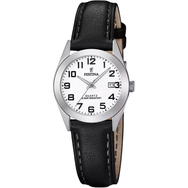 Festina Ø28mm 100m' sort rem, hvit skive, alle tall