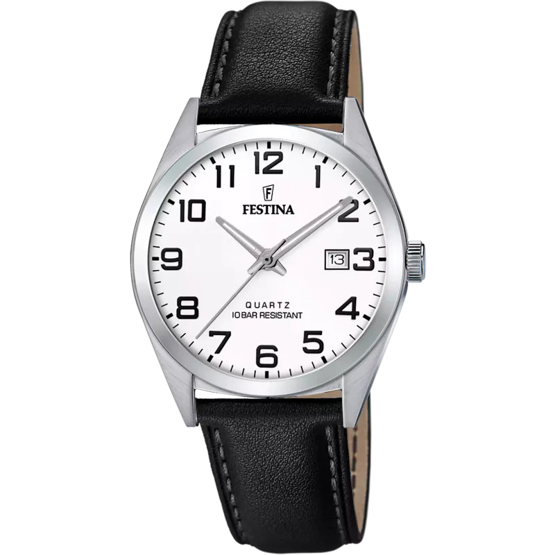 Festina Ø40mm 100m' sort rem, hvit skive, alle tall
